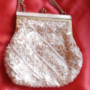 Antique Bag SEQUINS and Glass Beads on WHITE